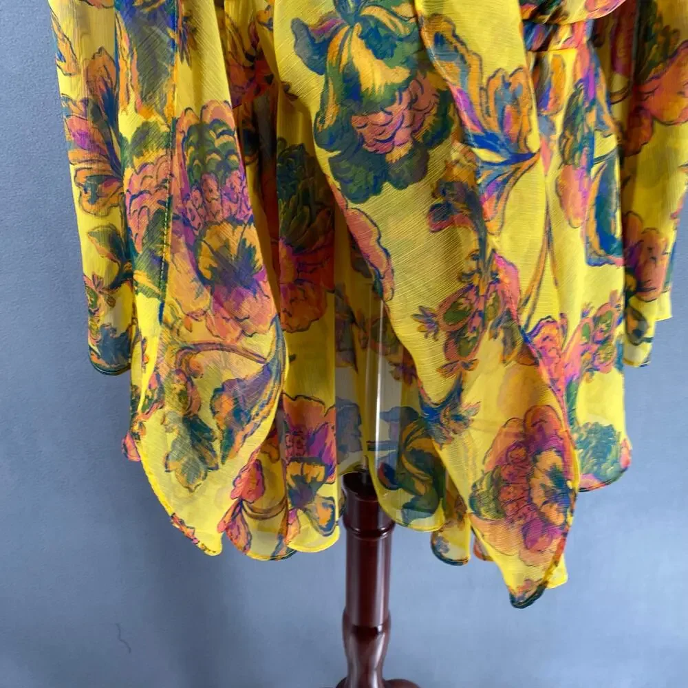Misa Kaia Floral Chiffon Mini Dress Womens L Canary Yellow Anthropologie Revolve - Picture 7 of 16